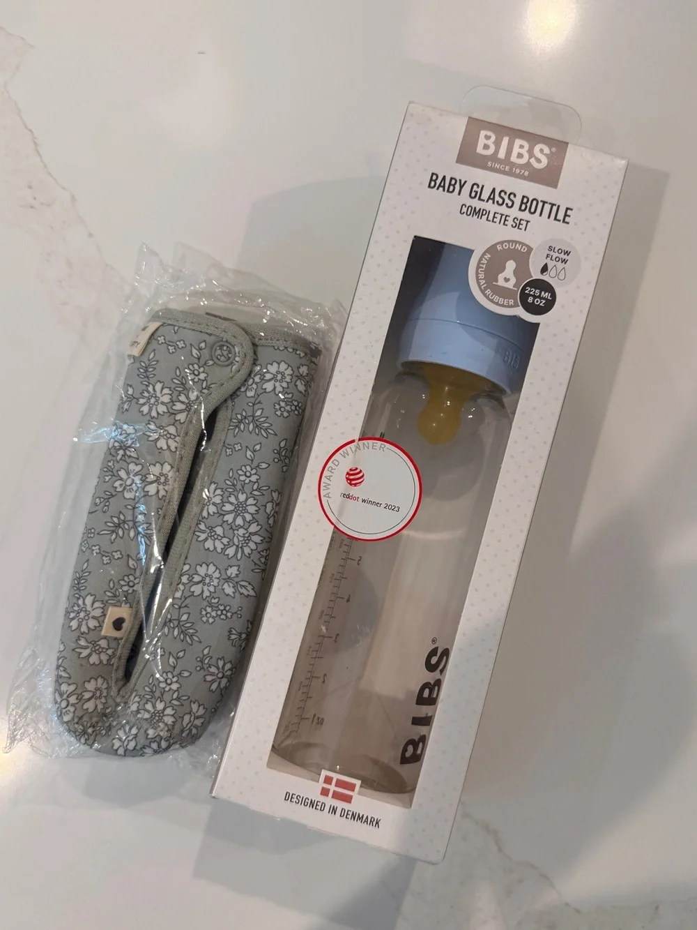 Bibs Baby Glass Bottle Complete Set – Light Blue, flower cover